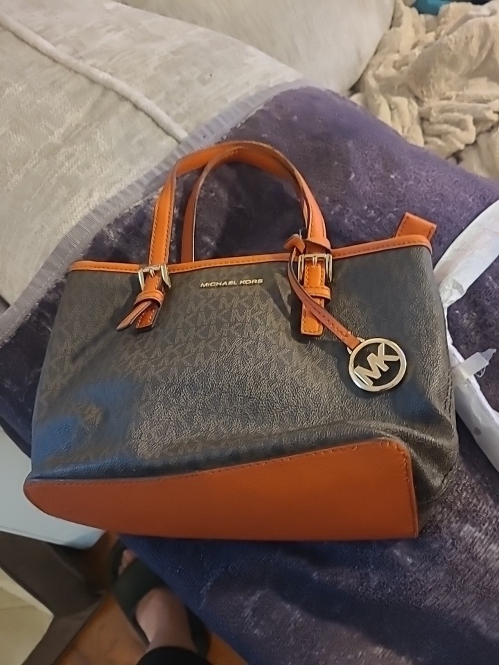 Michael Kors Jet Set Travel XS Carryall Tote Shoulder Crossbody Bag Brown Orange